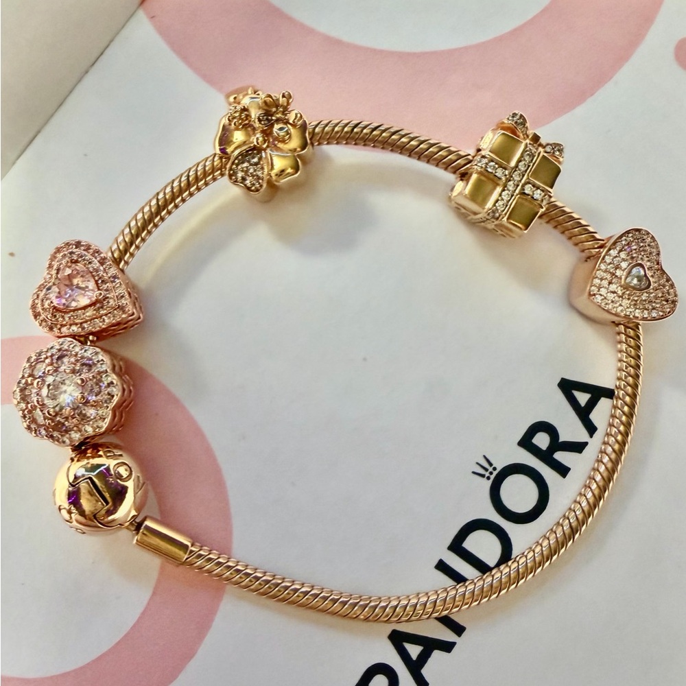 Pandora Rose Gold Bracelet with 5 Pandora Charms - Picture 3 of 12